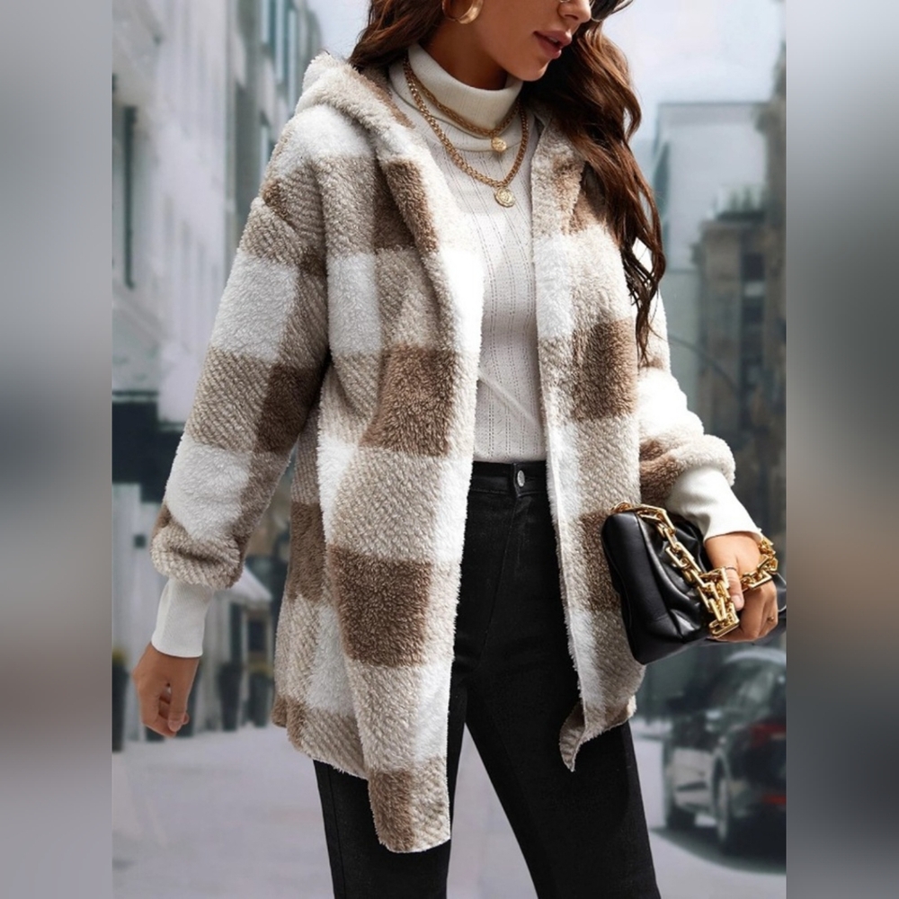 Plaid Long Sleeve Hooded Coat - Picture 3 of 7
